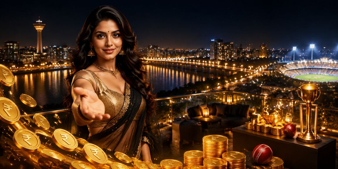 Ahmedabad riverfront with cricket betting theme and INR currency